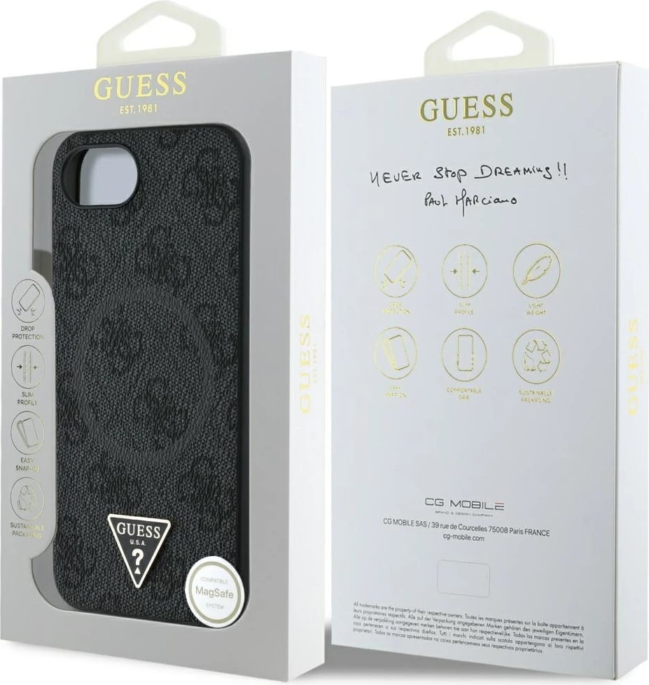 Mbështjellës Guess 4G Ring Triangle Logo MagSafe për iPhone 16e, i zi