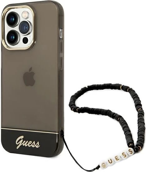 Mbështjellës Guess GUHCP14LHGCOHK për iPhone 14 Pro 6.1", Translucent Pearl Strap, i zi