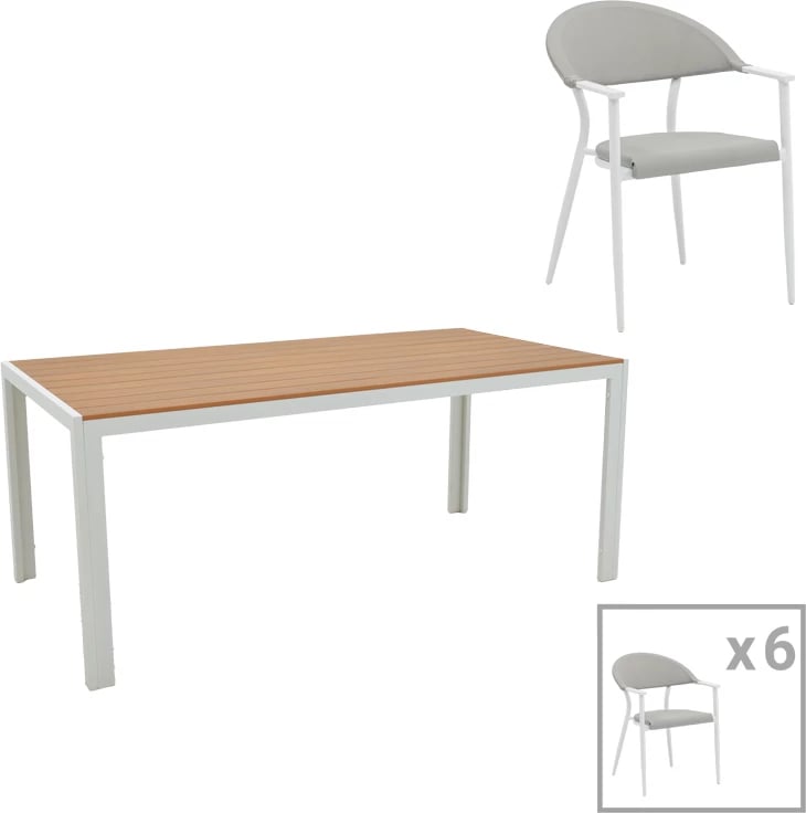 Tavolinë me karrige Nares-Pino B set prej 7 copash,, alumin dhe dru, ngjyrë natyrale, 180x90x72.5cm