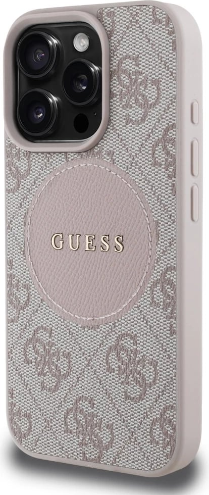 Mbështjellës Guess 4G Circle Classic Logo MagSafe për iPhone 16 Pro Max, rozë