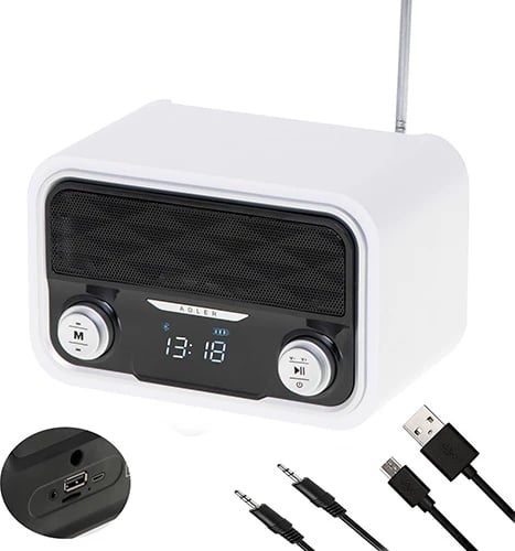 Radio Bluetooth Adler AD 1185, FM, USB/SD/AUX, stereo 2x5W, bateri 1800 mAh, me orë, e bardhë