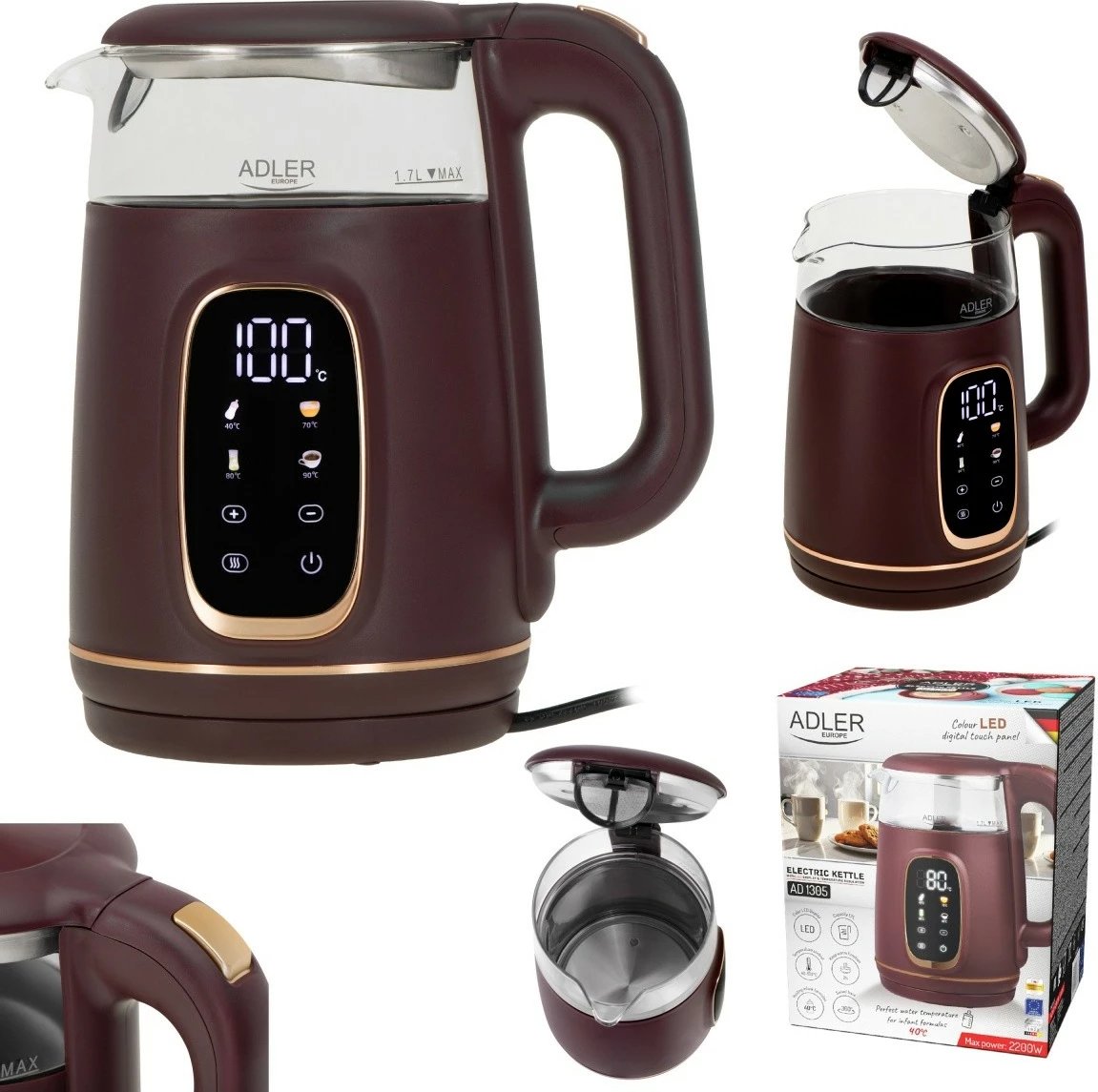 Ibrik elektrik Adler AD 1305, 1.7L, rregullim temperature, LED, Burgundy