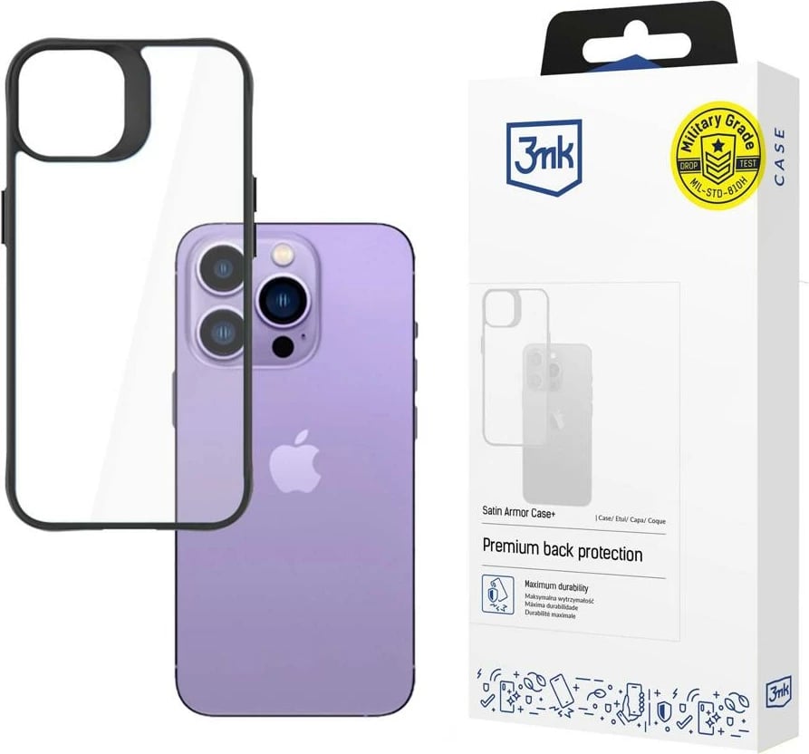 Mbështjellës 3mk Satin Armor Case+ për iPhone 14 Pro, i zi, transparent