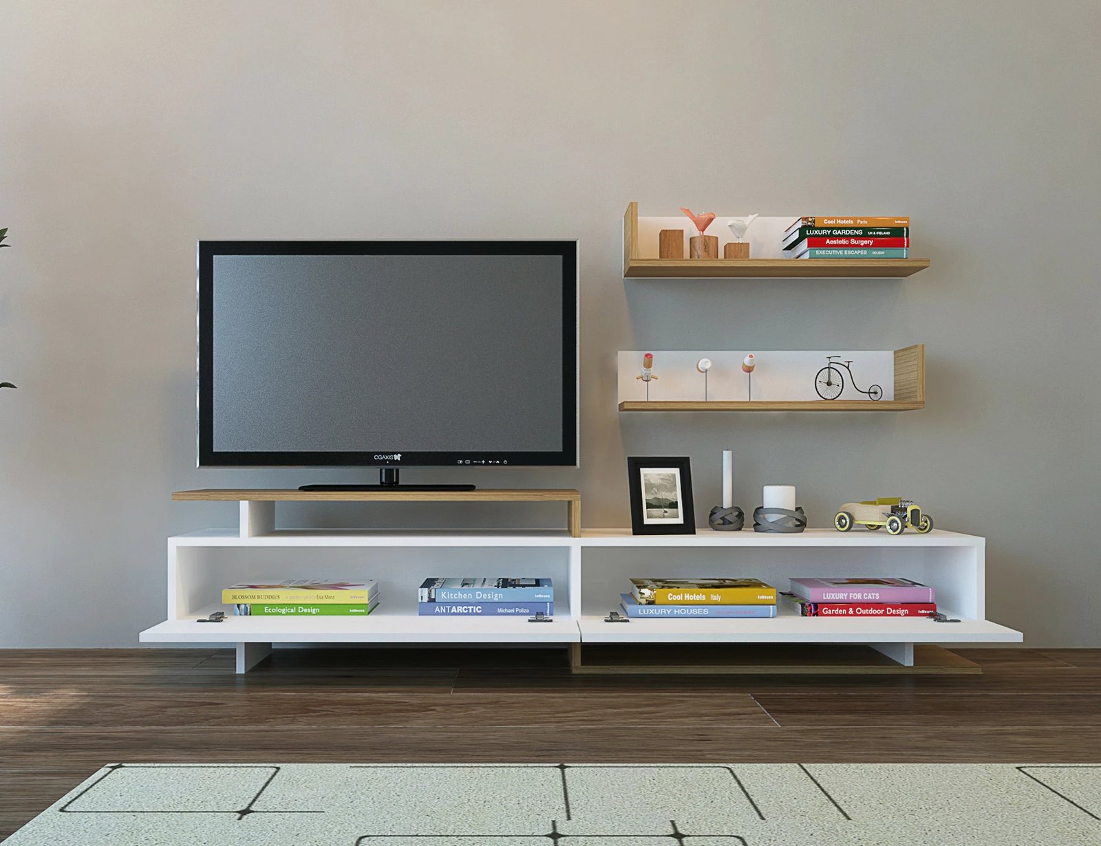 Komodë TV Hanah Home, Ayaz, e bardhë dhe teak