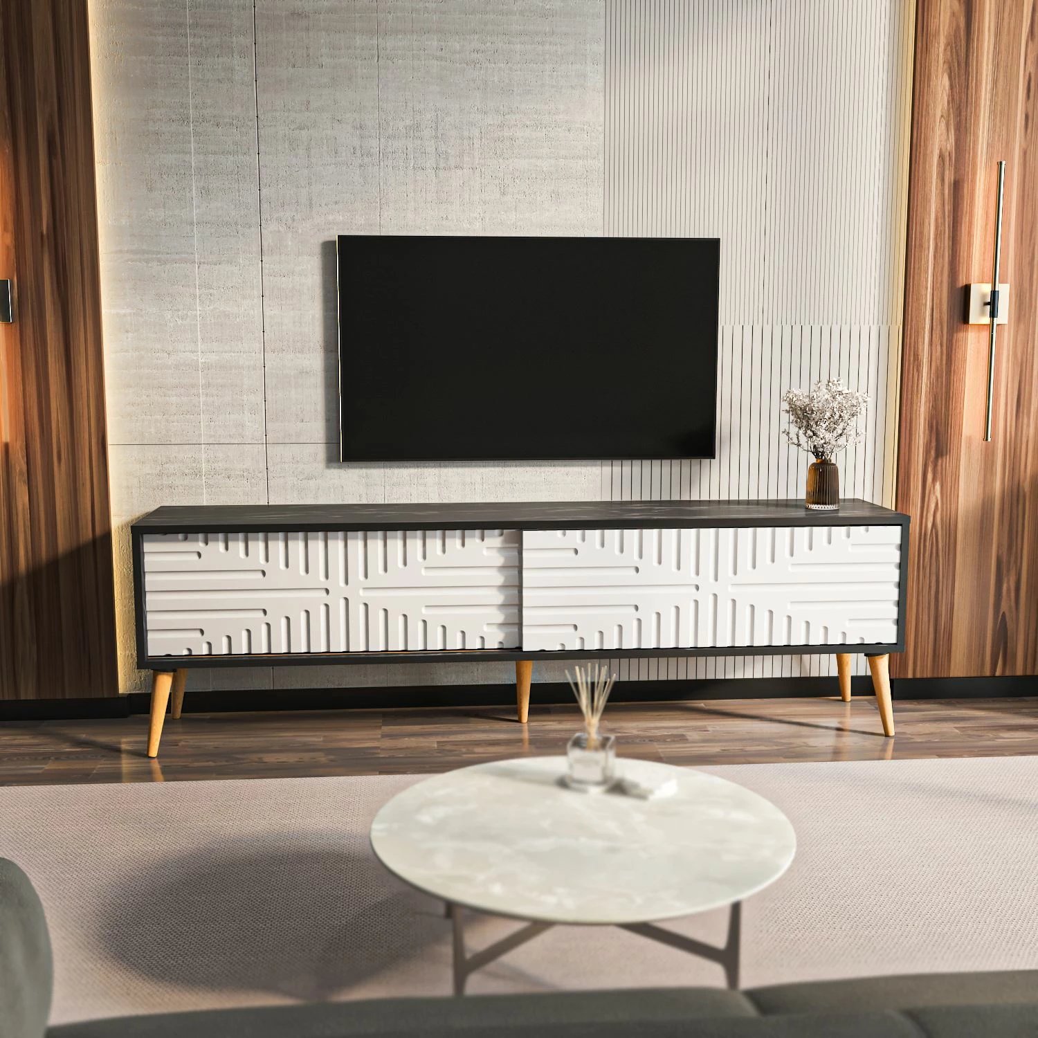 Komodë TV Skye Decor, ngjyrë e zezë dhe e bardhë