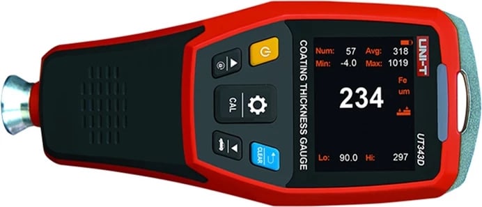 Matës trashësie boje dhe veshjesh, UNI-T UT343D, 0–1250 µm, ekran TFT 2", memorie 500 gr., lidhje USB, me kabllo USB, bateri dhe kuti