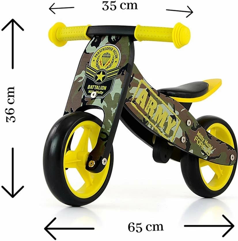 Bicikletë balancuese/tricikël druri 2-në-1, Milly Mally, JAKE Army, rrota shkumë 7", sedilje e rregullueshme, e gjelbër