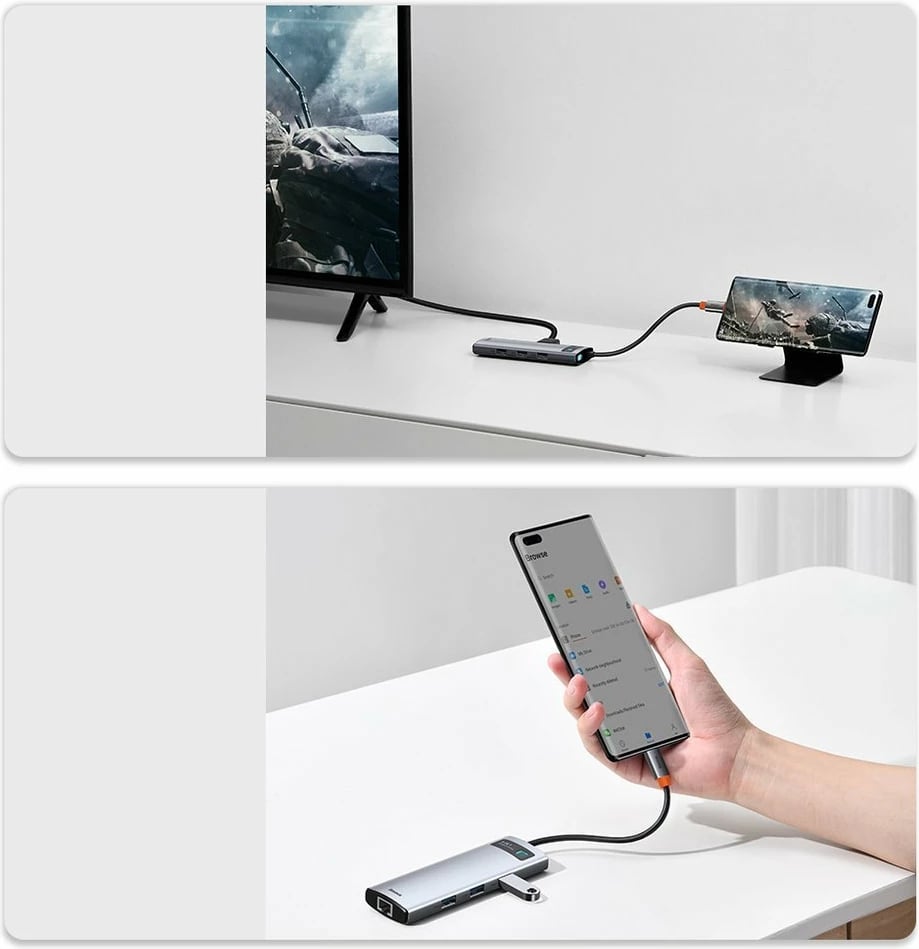HUB Baseus Metal Gleam 8in1, USB-C, HDMI 4K, RJ45, 100W PD, Gri