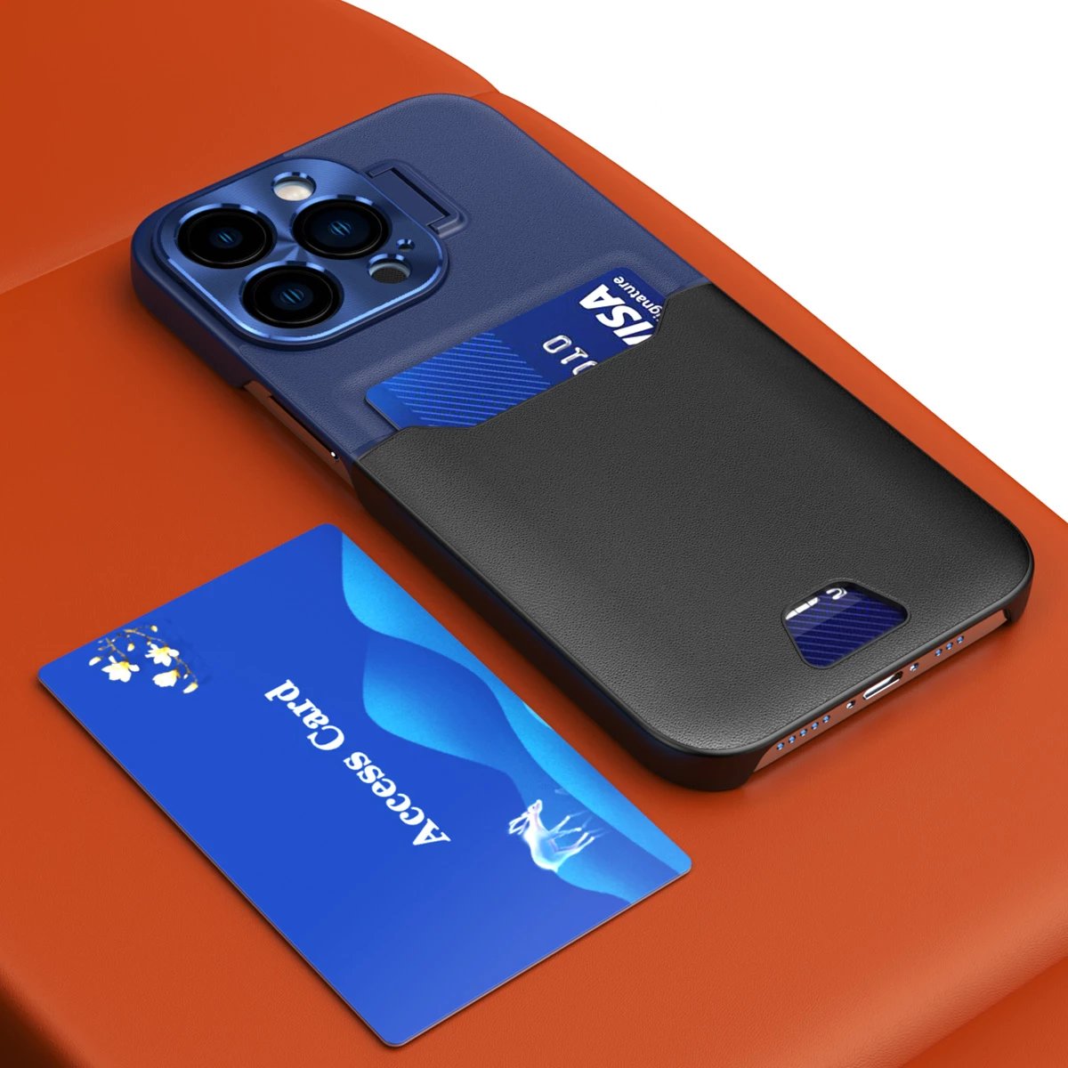Mbështjellës Hurtel Leather Stand Case për iPhone 14 Pro, me xhep për kartela, me mbajtëse, Blu