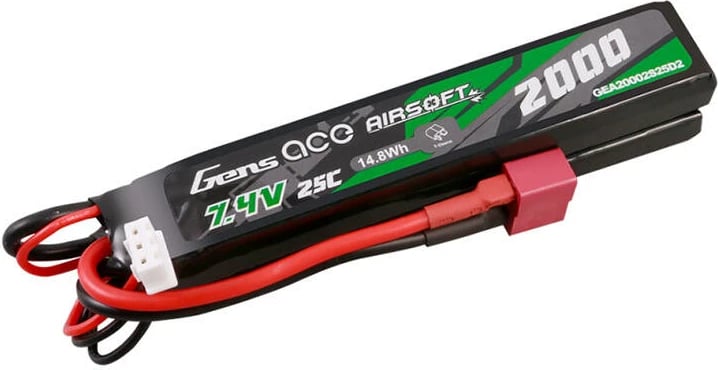 Bateri LiPo Gens ace GEA20002S25D2 për Airsoft, 2000mAh, 7.4V, Mini Deans Plug, e zezë