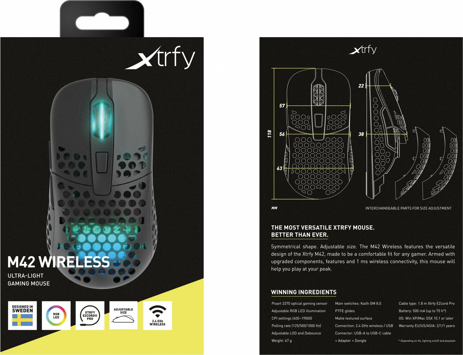 Maus Cherry XTRFY M42 RGB, Ambidextrous, Optical, RF Wireless + USB Type-C, 19000 DPI, Bardhë Maus Cherry XTRFY M42 RGB, Ambidextrous, Optical, RF Wireless + USB Type-C, 19000 DPI, Bardhë