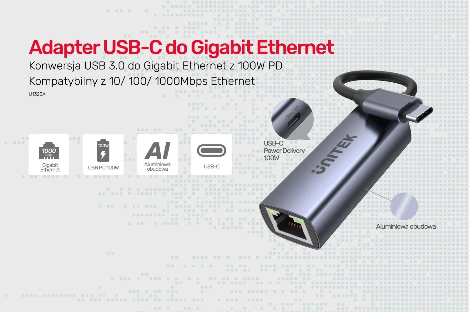 Adapter Unitek USB-C në RJ45 1Gbit LAN, PD 100W Adapter Unitek USB-C në RJ45 1Gbit LAN, PD 100W