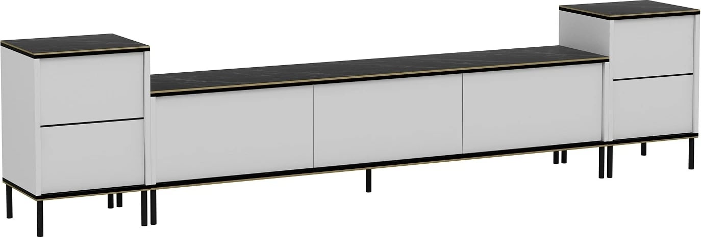 Komodë TV Skye Decor, e bardhë, mermer, me dy komodina