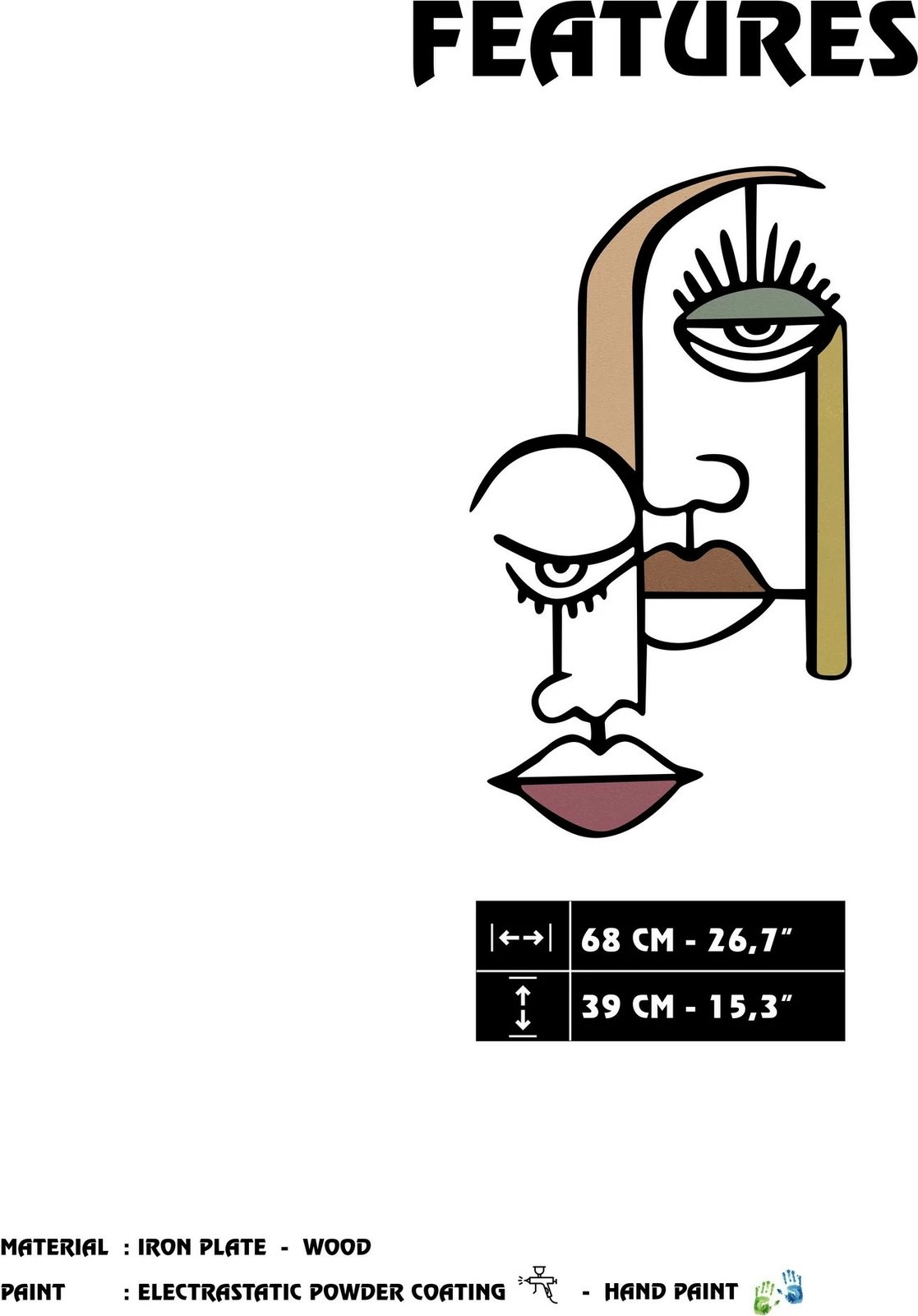 Aksesor dekorativ për mur, metalik, Wallity Kubizm 28, shumëngjyrësh, 68x39cm