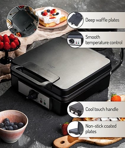 Aparat për vafle, Adler AD 3049, 4x10x10 cm, termostat i rregullueshëm, pllaka jo-ngjitëse, 1200-1800W, e zezë