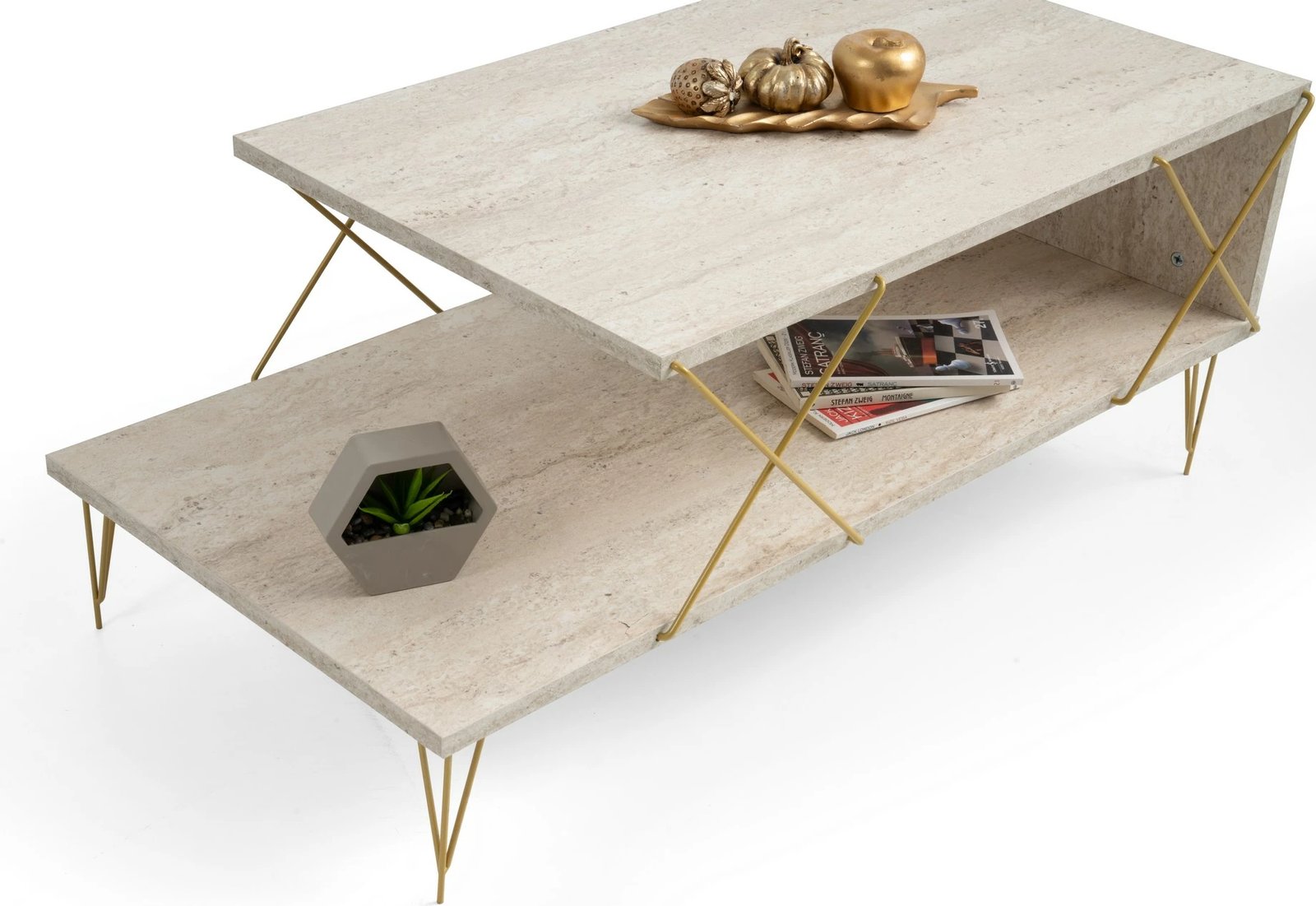 Tavolinë kafeje Hanah Home, Loire, ngjyrë ari, travertin