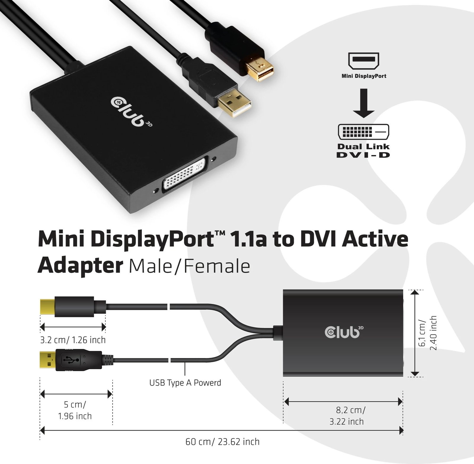 Adapter Mini DisplayPort në DVI-D Club3D, 0.6m, i zi