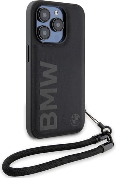 Mbështjellës BMW Signature Leather Wordmark Cord për iPhone 15 Pro, lëkurë, i zi
