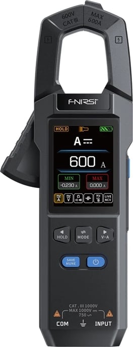 matës rryme me klempë dixhital, FNIRSI DMC-100, True RMS 10000 counts, AC/DC 600 A, NCV, TFT 2.0", USB‑C, set me kabllo e sondë temperature