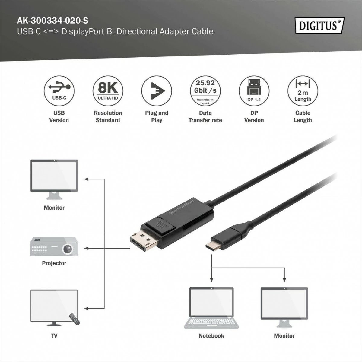 Kabllo/adaptues Digitus AK-300334-020-S, USB Type C në DisplayPort, 2m, E zezë