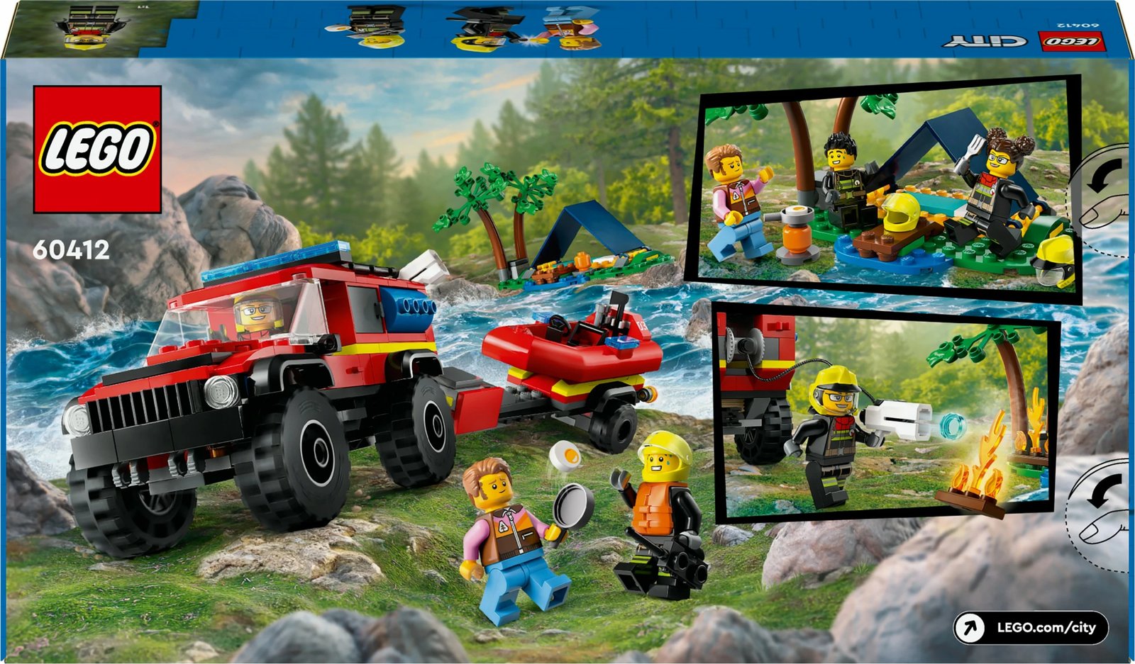 Set ndërtimi LEGO City 4x4 Kamion Zjarri me Varkë Shpëtimi 301 pjesë, multingjyrësh