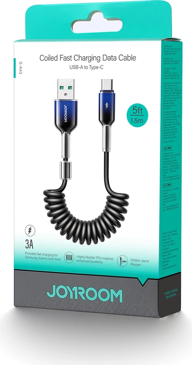 Kabllo spiral USB-A në USB-C Joyroom S-A43 Crystal-Clear Series, 1.5m, 3A, e zezë