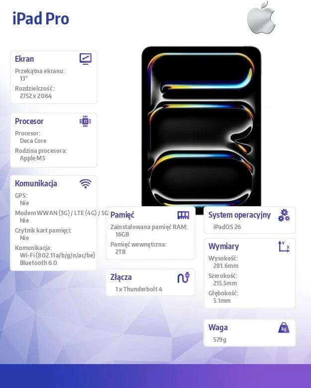 Tablet Apple iPad Pro 13" Wi‑Fi 2TB M5, Ultra Retina XDR OLED 120Hz, Thunderbolt 4, iPadOS 26, MDYT4HC/A, Starry Black