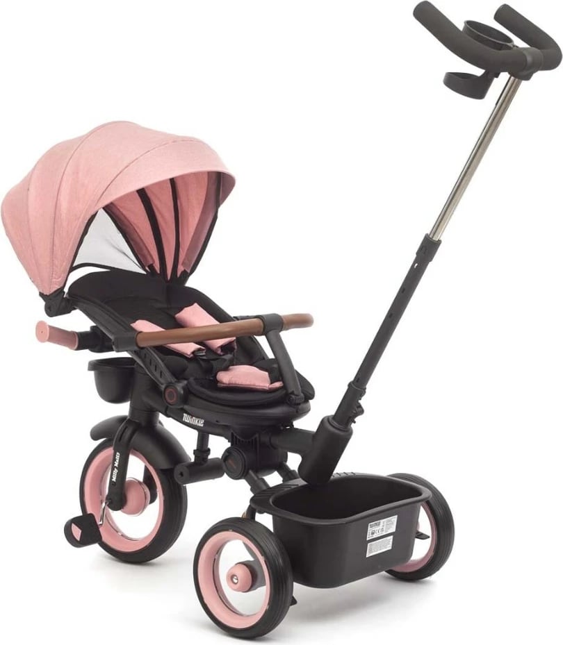 tricikël fëmijësh, Milly Mally Twinkle, sedilje rrotulluese 180°, timon prindëror i rregullueshëm, dritë LED, 12+ muaj, rozë