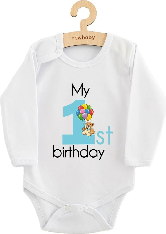 bodi bebe, NEW BABY, My First Birthday, 100% pambuk, mëngë të gjata, madhësia 80, blu