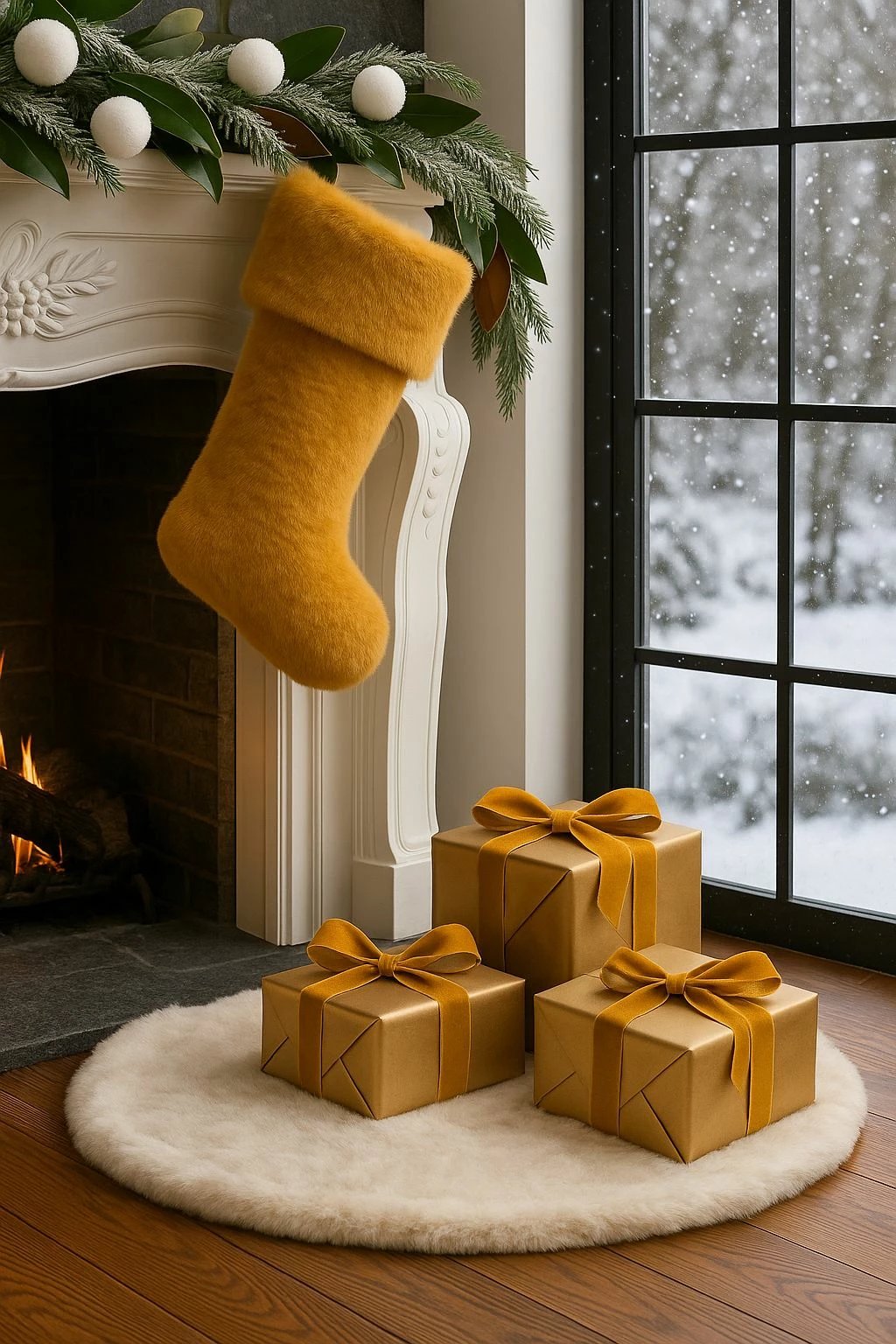 Çorape Krishtlindjesh, pelush, ngjyrë mustard, Evila Originals, 37x24x5cm