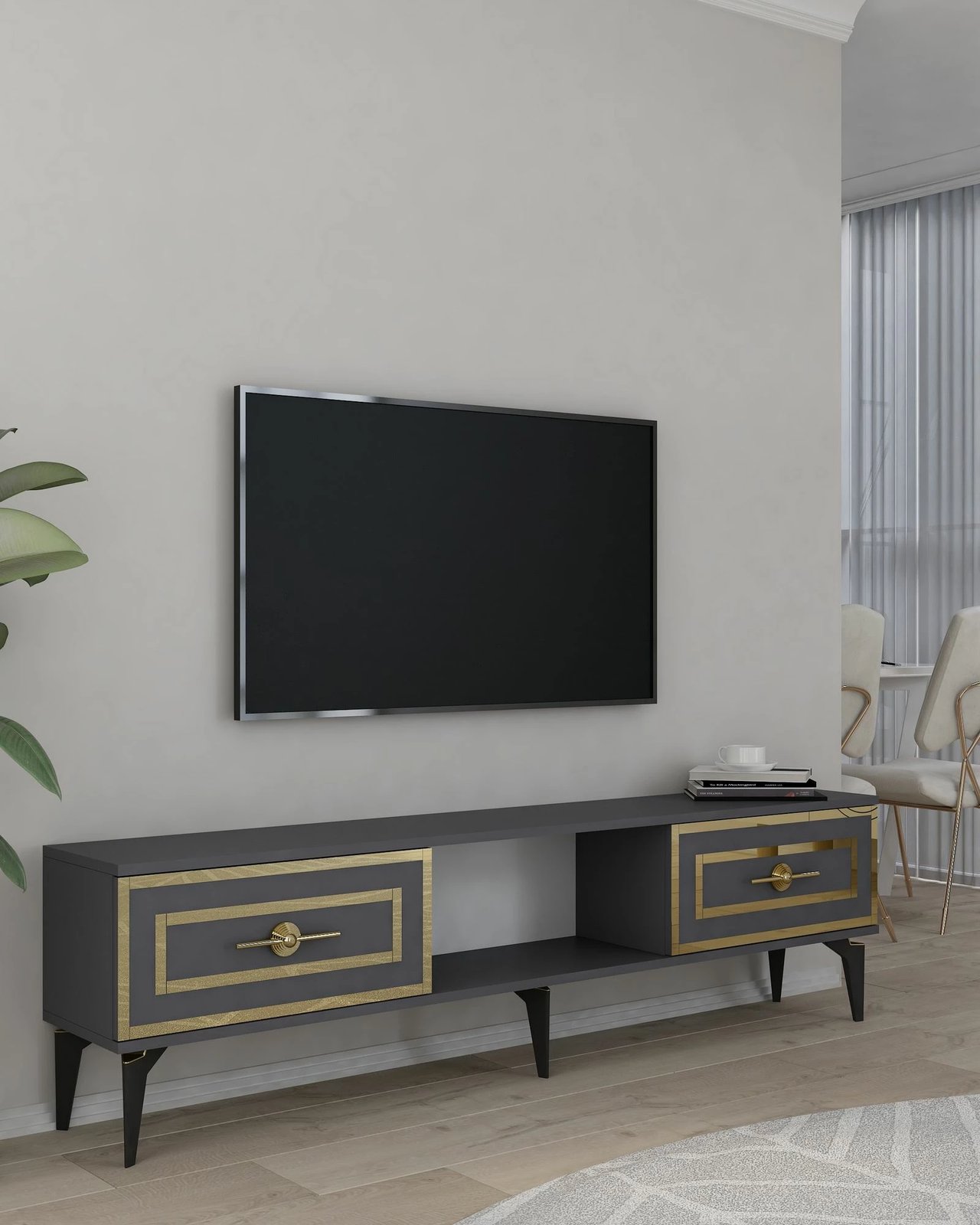 Komodë TV Skye Decor, ngjyrë viola-antracit, detaje ari