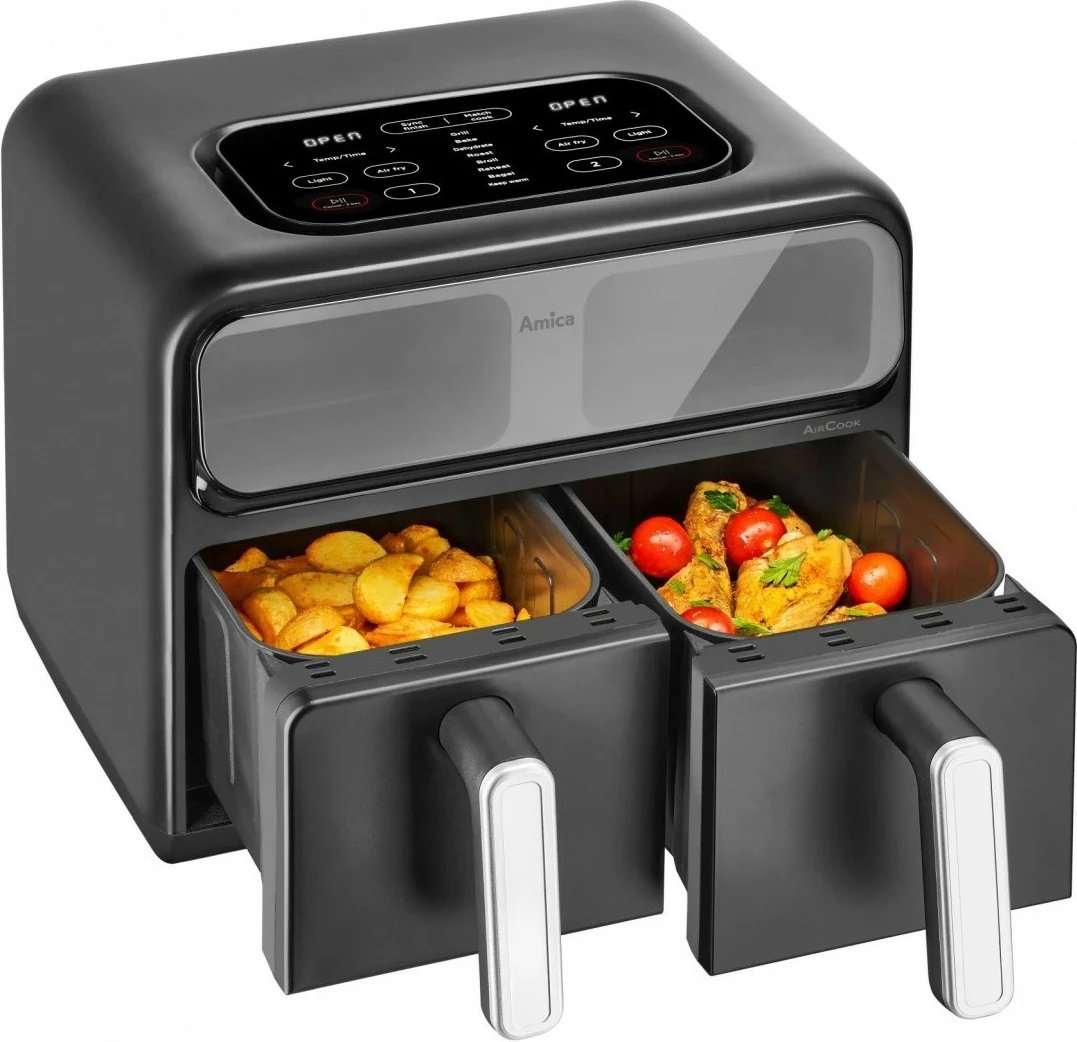 Fritezë me ajër, Amica, AFM 7020, me dy dhoma, 8 L, 2400 W, panel me prekje, dritare vëzhgimi, e zezë