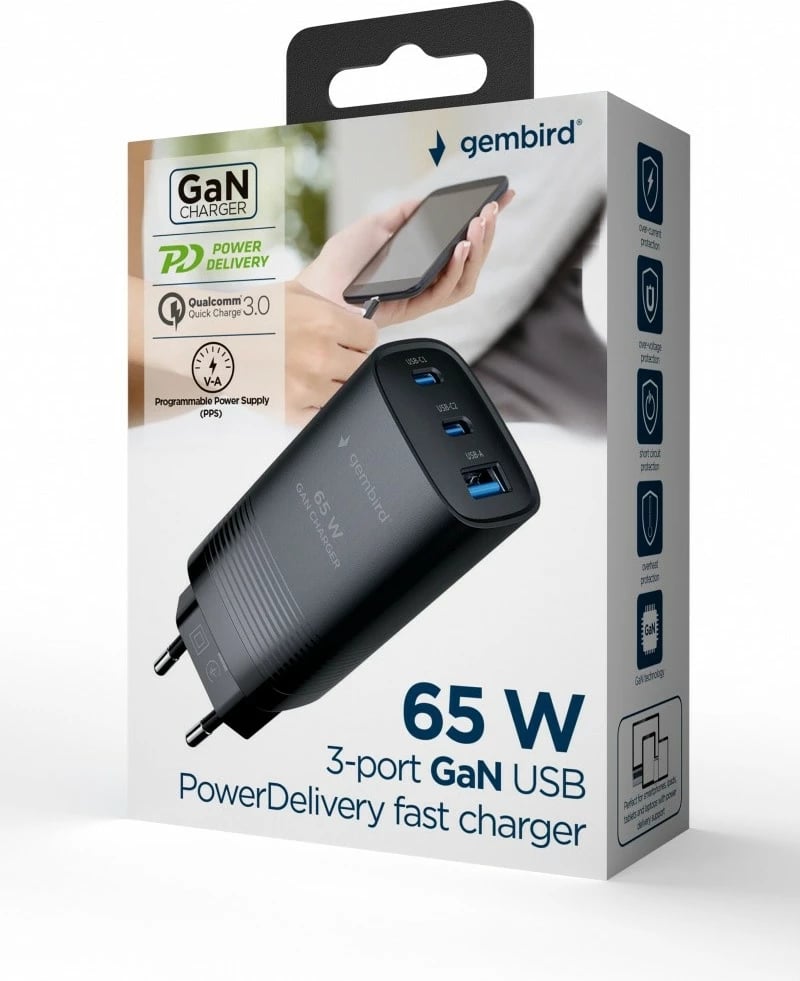 Karikues muri Gembird TA-UC-PDQC65-01-BK, 65 W, 2x USB-C, 1x USB-A, i zi