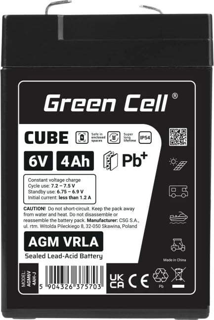 Bateri AGM VRLA, Green Cell, AGM6V4AH-J, 6V 4Ah, IP54, 101x70x47 mm, e zezë