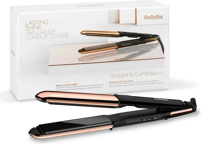 Drejtues dhe kaçurrelues flokësh 2-in-1, BaByliss, Straight & Curl Brilliance ST482E, pllaka titanium-keramike, 150-230°C, jonizim, e zezë ari