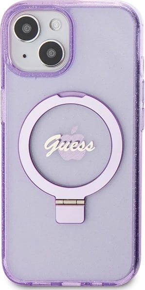 Mbështjellës Guess Ring Stand Script Glitter MagSafe për iPhone 15 Plus / 14 Plus, vjollcë