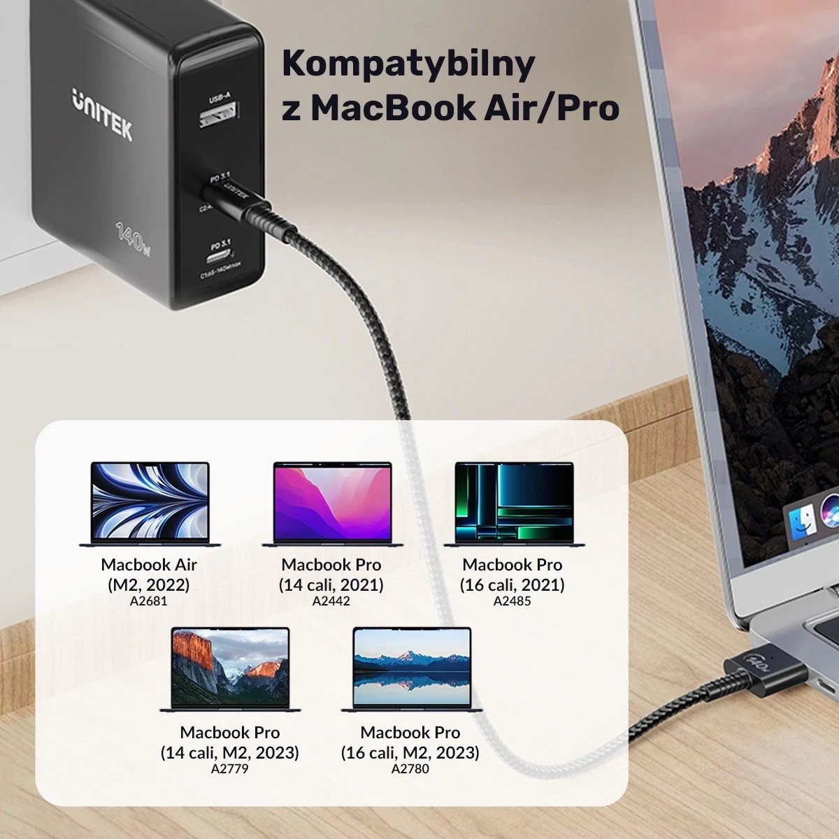 Kablli Unitek USB-C për MagSafe 3, 2m, ngjyrë e zezë