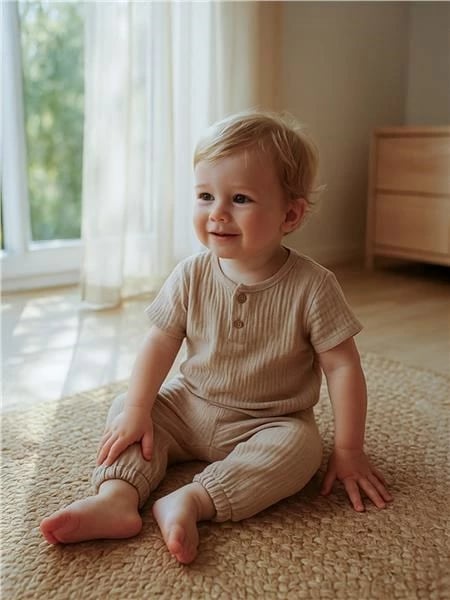 Set 2-copësh T-shirt me mëngë të shkurtra dhe pantallona muslin, New Baby, 100% pambuk, madhësia 86 (12-18m), bezhë