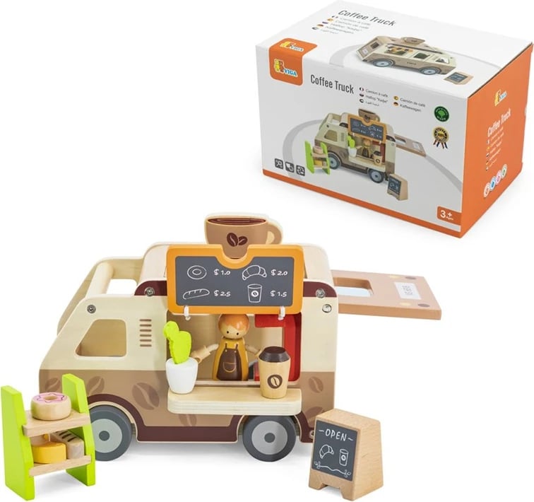 Lodër druri kafene mobile, Viga, furgon kafe me aksesorë, 3+ vjeç, ngjyrë sipas fotos