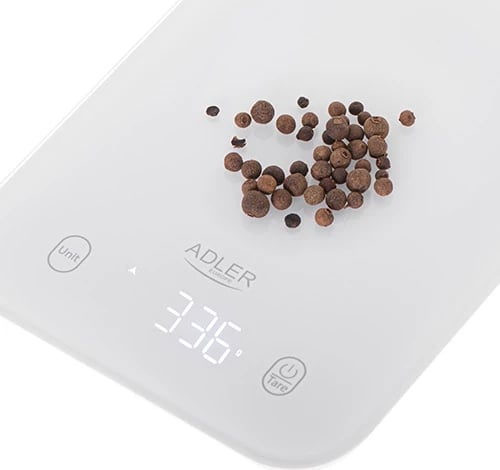 Peshore kuzhine, Adler, AD 3181, 10 kg, ekran LED, platformë xhami të temperuar 205x150 mm, e bardhë