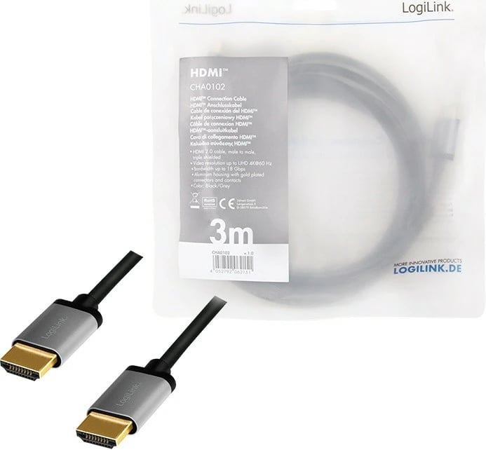 Kabllo HDMI LogiLink CHA0102, 3m, 4K/60Hz, Alumini, e zezë