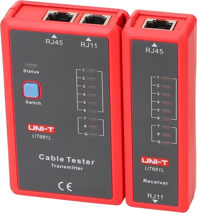 Tester kabllosh rrjeti/telefoni, UNI-T UT681L, RJ45/RJ11, LED, modalitet i shpejtë/ngadalshëm, bateri 9V, set transmetues + pranues, kuq-gri