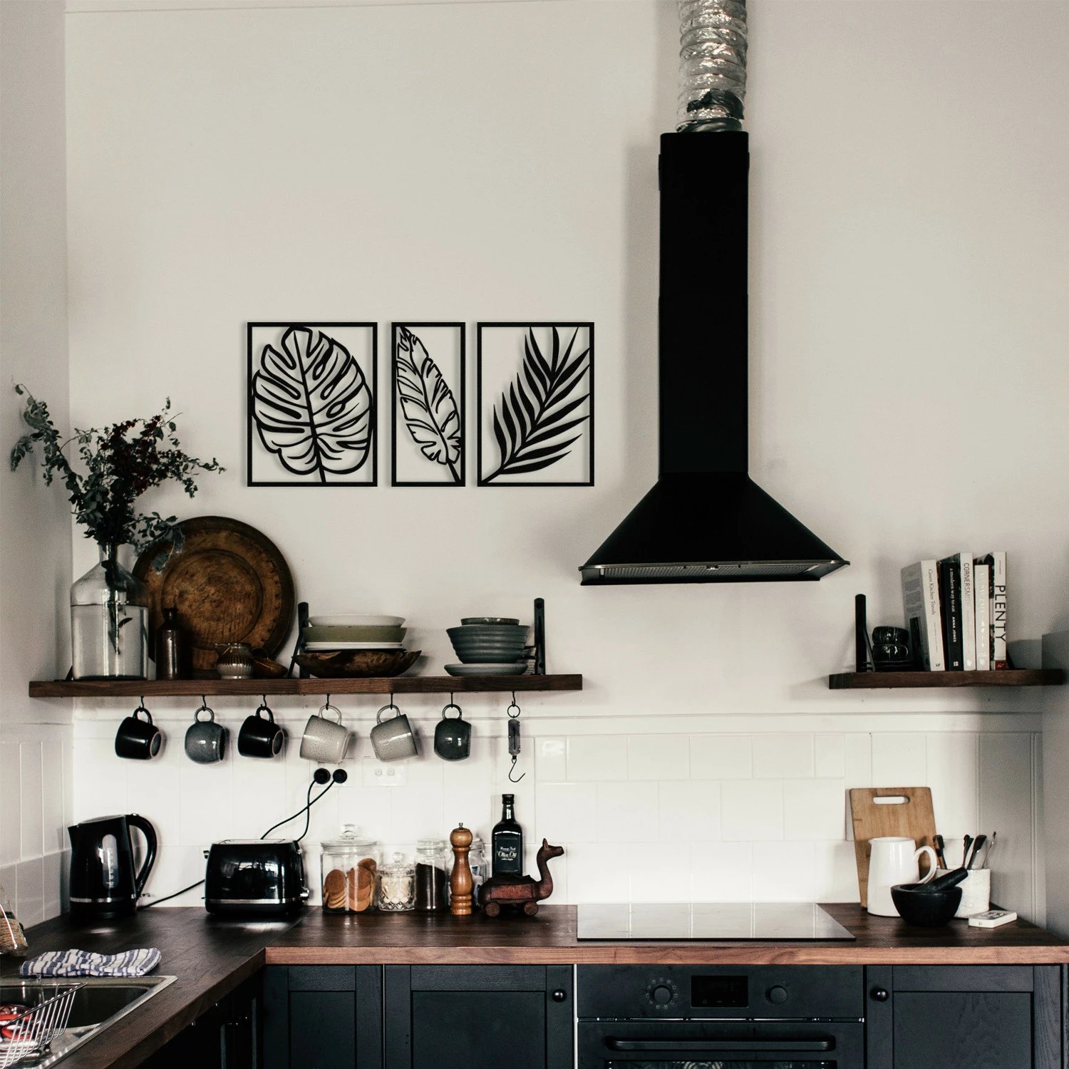 Aksesor dekorativ metalik për mur, Wallity, Leaf2, dekor metalik, ngjyrë e zezë, 80x38cm