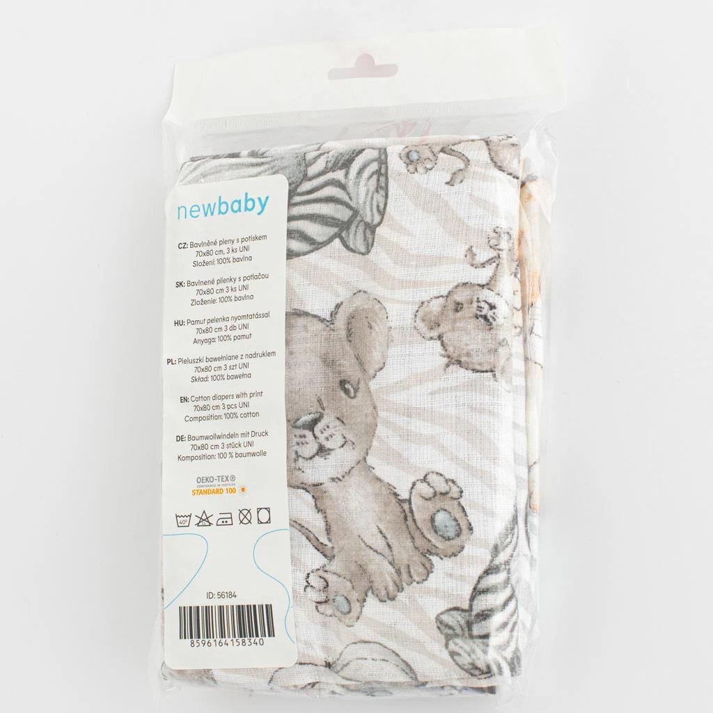 Pelenë pambuku, New Baby, 70x80 cm, set 3 copë, me print, ngjyrë sipas fotos