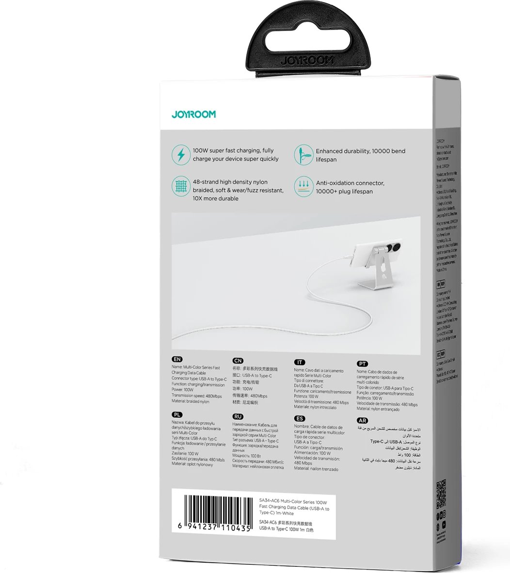 Kabllo Joyroom Multi-Color Series S-A34, USB-A / USB-C, 1m, 100W, Bardhë