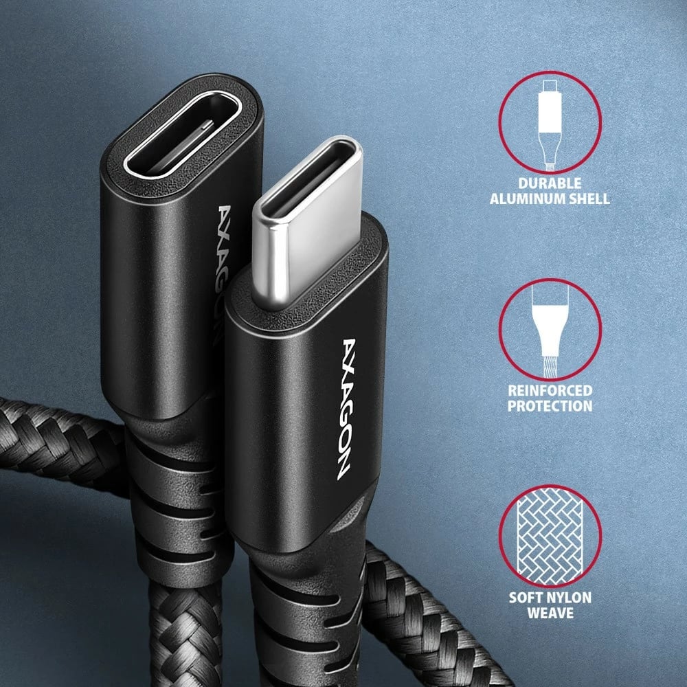Kabllo zgjatuese USB-C AXAGON BUCM32-CF10AB, 1m, 20Gbps, 240W, e zezë