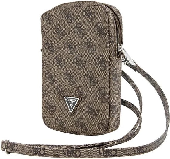 çantë për telefon Guess Zip 4G Triangle, Saffiano teksturë, rrip i rregullueshëm, 1 ndarje, 19x12x3.8 cm, kafe