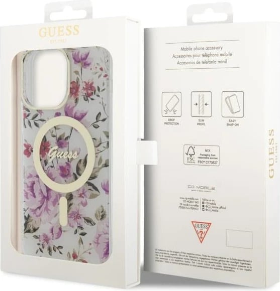 Mbështjellës Guess GUHMP14LHCFWST për iPhone 14 Pro 6.1", transparent, Flower MagSafe
