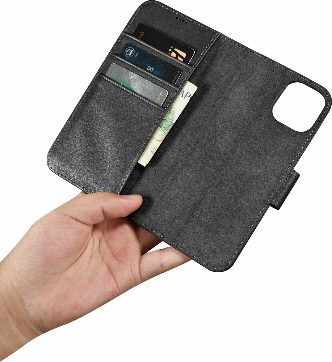 Mbështjellës iCarer Wallet Case 2in1 për iPhone 14 Plus, lëkurë natyrale, Anti-RFID, e zezë