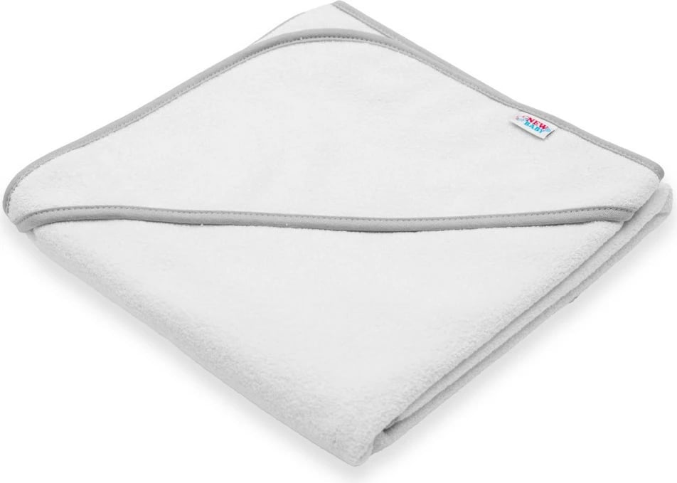 Peshqir terry me kapuç, NEW BABY BASIC, 80x80 cm, i bardhë-gri, me dorezë larëse